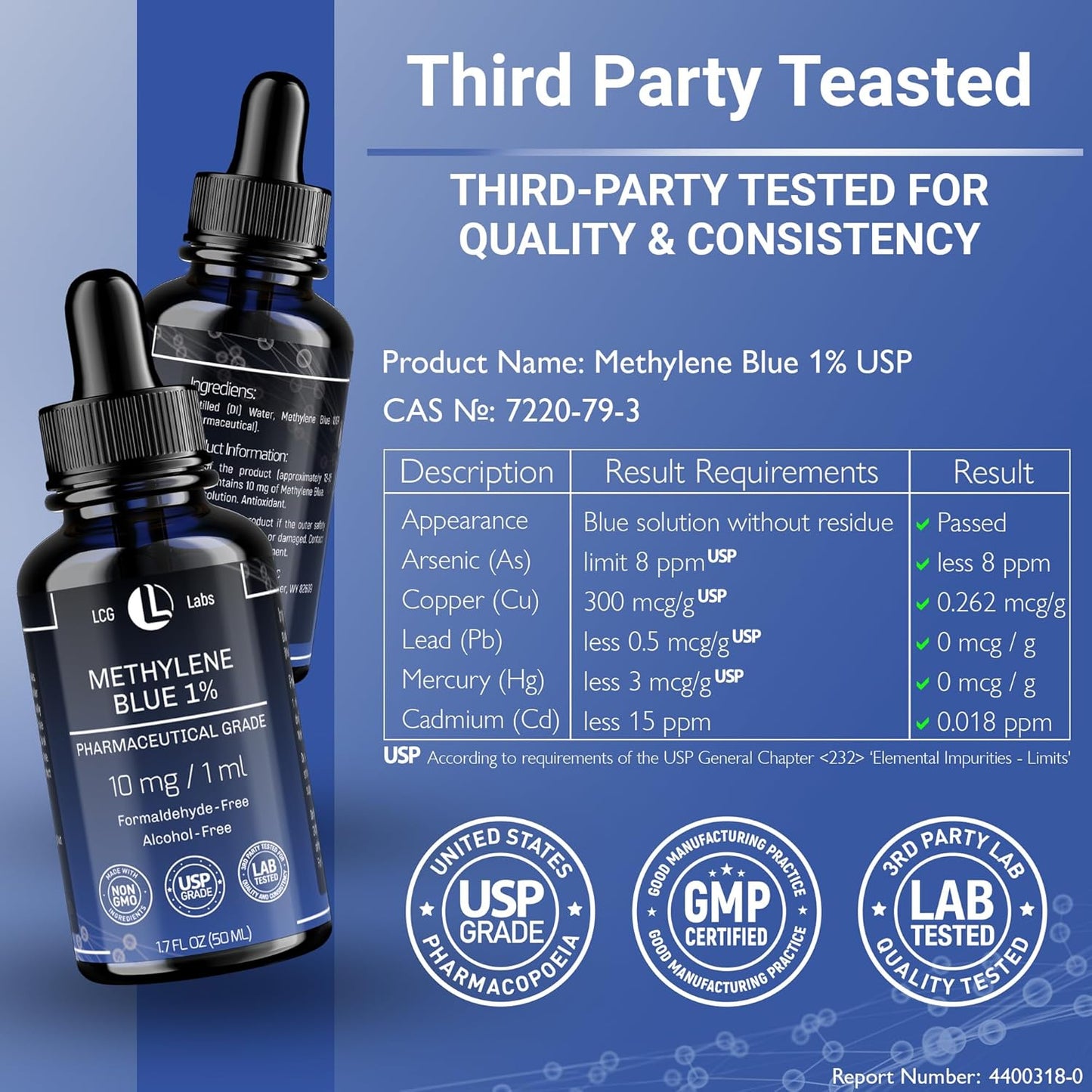 Methylene Blue Pharmaceutical Grade -  Third Party Tested - Formaldehyde & Alcohol-Free - Made in USA